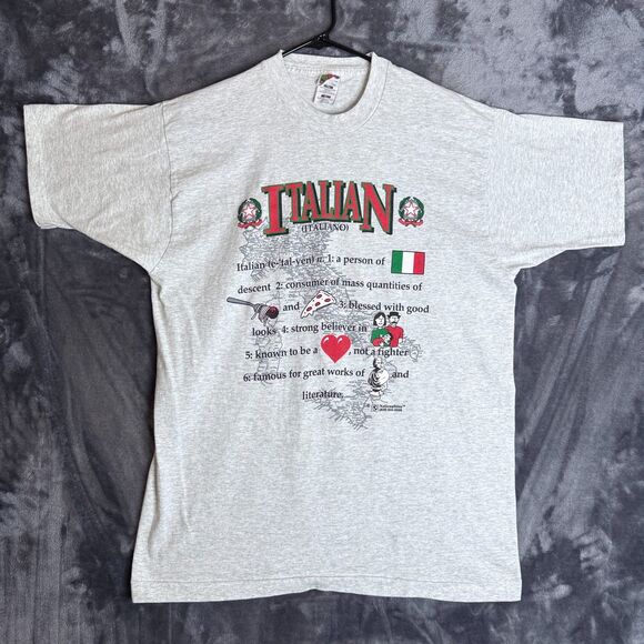 Vintage Italian Short Sleeve Gray T-Shirt Size X-Large Quotes Graphic - Picture 1 of 7